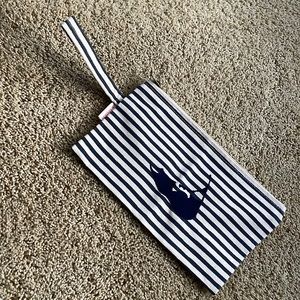 Navy and White Striped Wristlet Pouch with Cat Motif